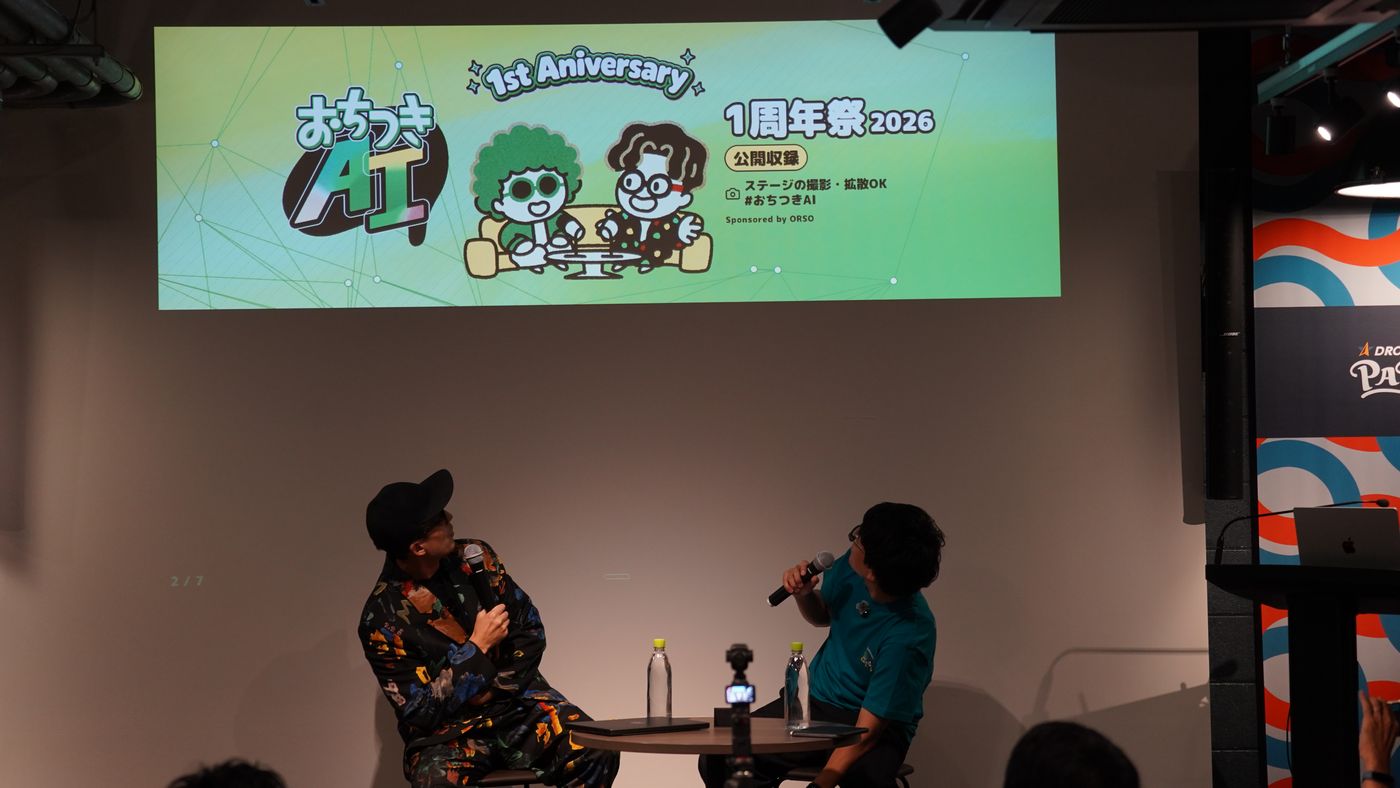1周年祭のタイトルが映ったスクリーンの前で話す、かねりんとしぶちょー